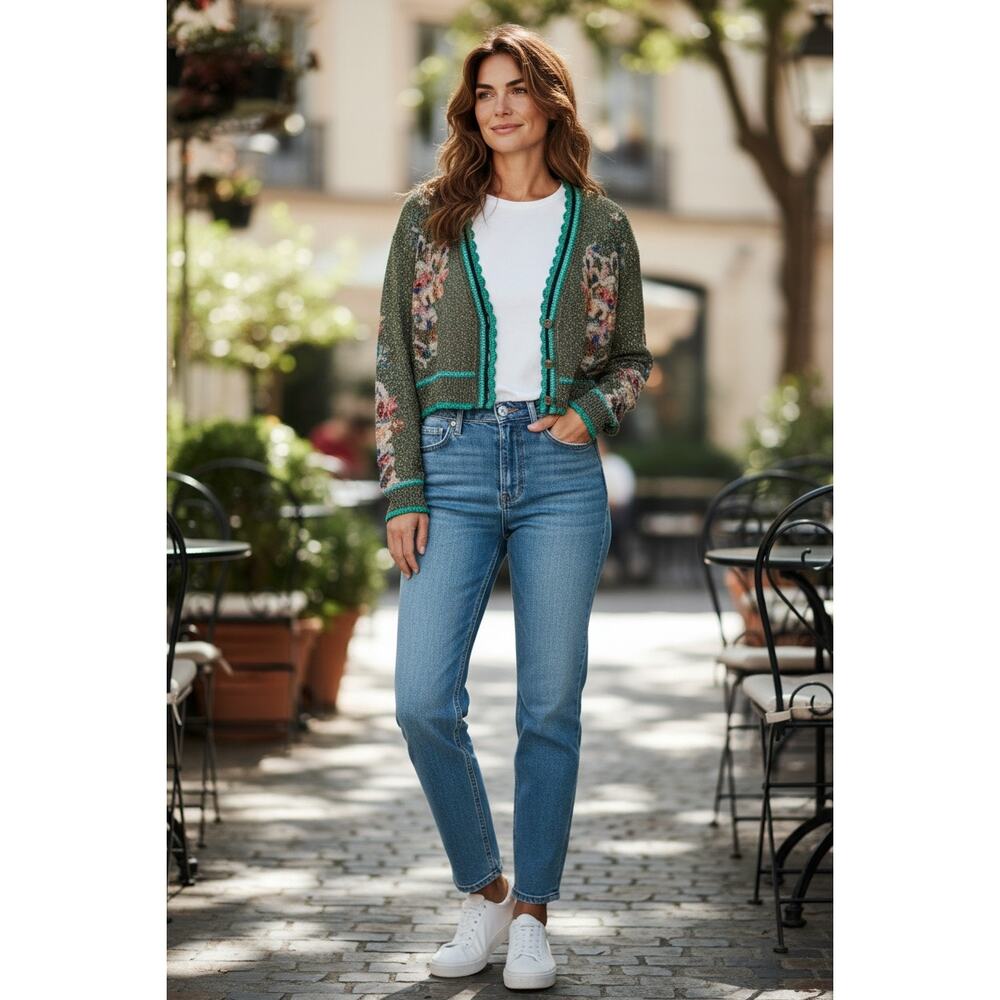 Anthropologie Blank London Olive Green Embroidered Cropped Cardigan XS Boho